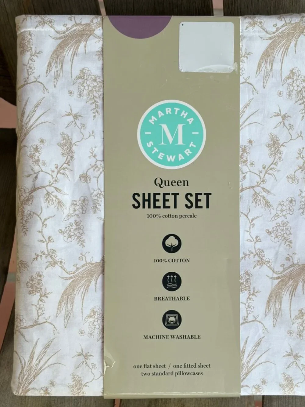 Martha Stewart BIRD BRANCH BEIGE 100% Cotton Percale Sheet Set | Queen Size